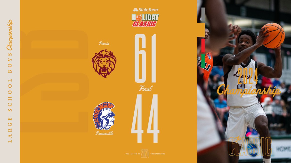 State Farm Holiday Classic (@sfclassic) on Twitter photo LSB: Peoria holds off <a href="/RHSSpartan/">Romeoville HS</a> 61-44 to grab the Large School Boys Championship and take home the last gold ball of the night and the final of the 2024 State Farm Holiday Classic!
theclassic.org/lsb-championsh… LSB: Peoria holds off <a href="/RHSSpartan/">Romeoville HS</a> 61-44 to grab the Large School Boys Championship and take home the last gold ball of the night and the final of the 2024 State Farm Holiday Classic!
theclassic.org/lsb-championsh…