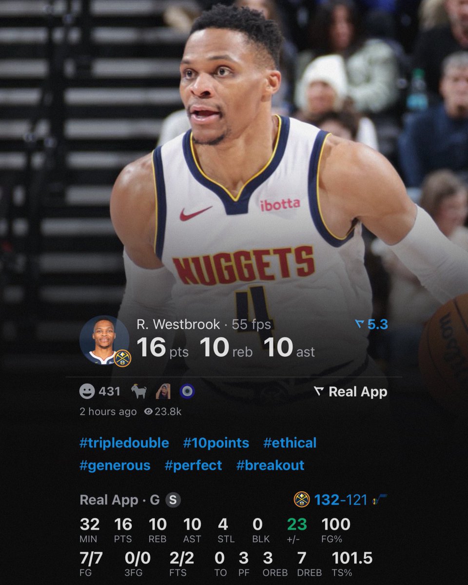 NBACentral (@thedunkcentral) on Twitter photo RUSSELL WESTBROOK TONIGHT:
16 POINTS
10 REBOUNDS
10 ASSISTS
0 TURNOVERS
4 STEALS
100% FG
100% FT
101.5% TS
+23
Have a day, Brodie 🔥
(Via <a href="/realapp_/">Real Sports</a> ) RUSSELL WESTBROOK TONIGHT:
16 POINTS
10 REBOUNDS
10 ASSISTS
0 TURNOVERS
4 STEALS
100% FG
100% FT
101.5% TS
+23
Have a day, Brodie 🔥
(Via <a href="/realapp_/">Real Sports</a> )