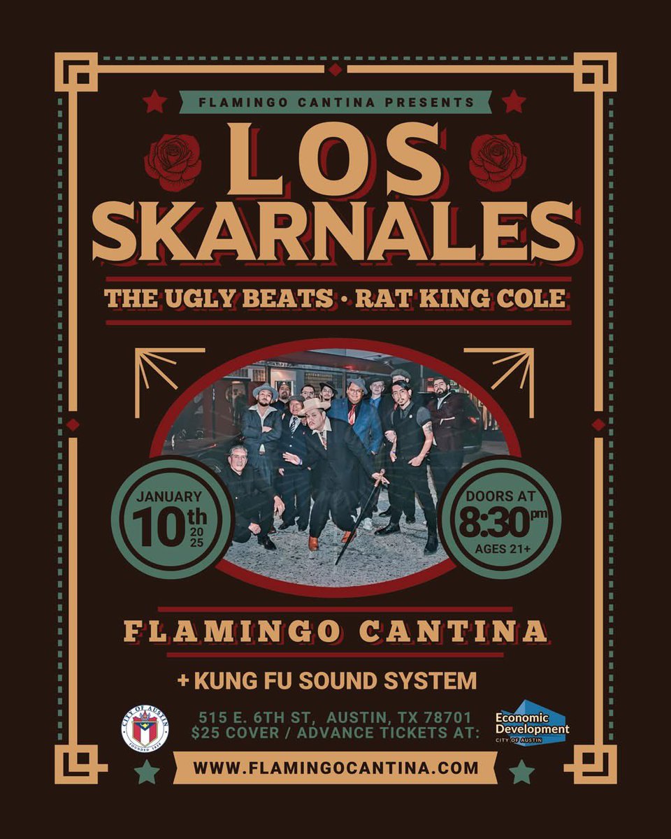 Austin, TEXAS!!

Orale!! Let's start off 2025  w/ some PURO PINCHE VATO RUDO SKA!

Happy to be back to Flamingo Cantina next Friday, Jan. 10 
w/ our good carnales The Ugly Beats, Rat King Cole, &amp; KUNG FU SOUND SYSTEM!!