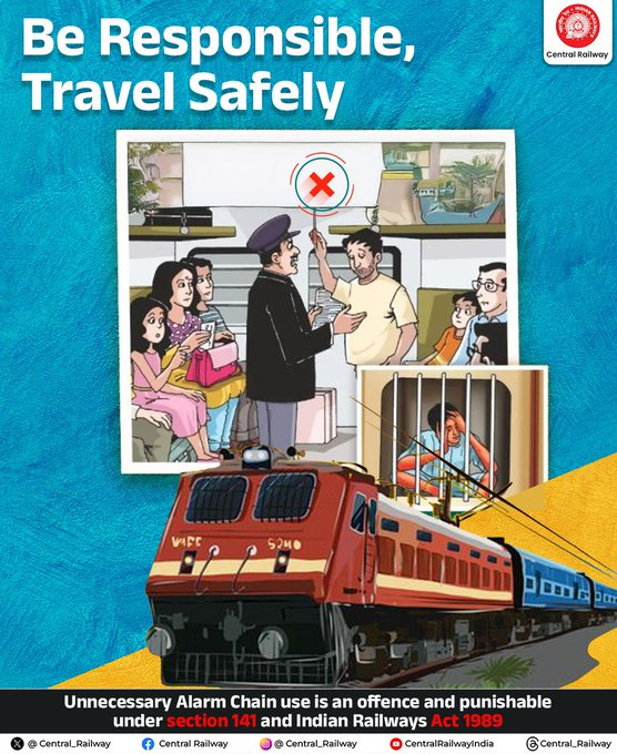 drmcrngp's tweet photo. Travel Responsibly ! 🚨Pull the alarm chain only in emergencies. Misuse is a punishable offense under Section 141 of the Indian Railways Act, 1989.
#CentralRailway #AlarmChain #ResponsibleRailYatri https://t.co/IO4JuZBkPf