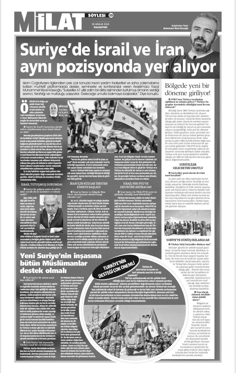 Özelde Orta Doğu, genelde İslam Coğrafyasına yönelik araştırmaları ve saha çalışmalarıyla tanıdığımız Araştırmacı Yazar Muhammet İkbal Köseoğlu ile Suriye’deki sıcak gelişmeleri konuştuk.
<a href="/mikbalkoseoglu/">M.İkbal Köseoğlu</a> 

milatgazetesi.com/haber/suriyede…