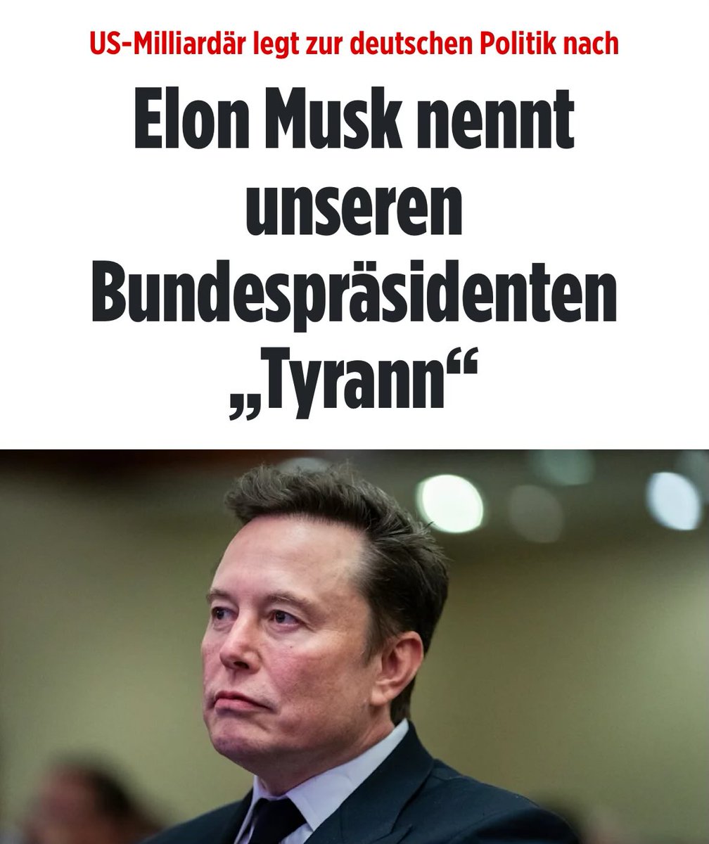 queru_lant's tweet photo. Elon Musk:

Steinmeier ist ein „anti-demokratischer Tyrann“

Damit hat er absolut recht. 

Ein Bundespräsident, der offen mit RAF-Terroristen sympathisierte, der das Volk spaltet, statt es eint, der ein Viertel seiner Bürger beschimpft und Trump einen „Hassprediger“ nennt…

…der ist ein Antidemokrat und Tyrann.

@elonmusk