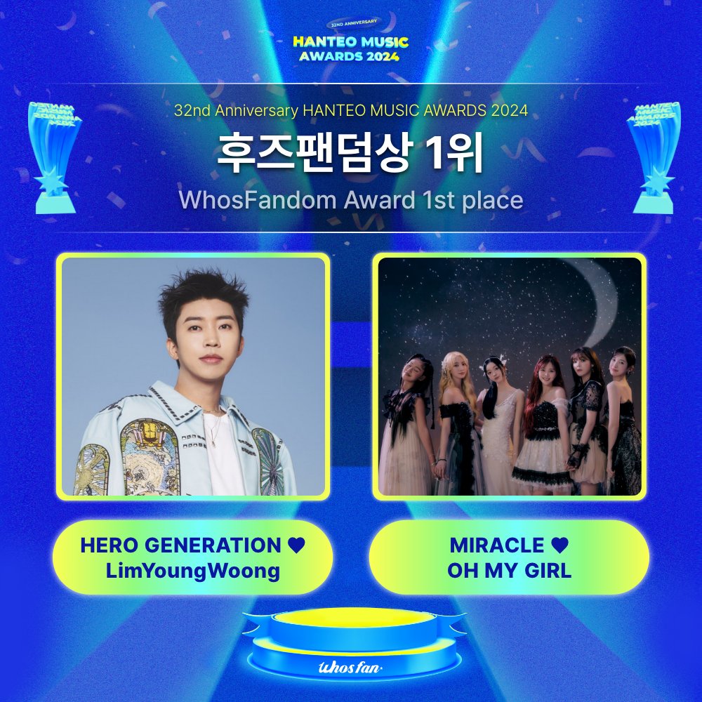 HANTEO MUSIC AWARDS 한터뮤직어워즈 (@hanteo_hmas) on Twitter photo #한터뮤직어워즈 #HMA x #후즈팬 #Whosfan
#32주년한터뮤직어워즈2024
📢#후즈팬덤상 최종 결과 공개
#WhosFandomAward FINAL Voting Results
🏆남자 부문
HERO GENERATION♥#limyoungwoong <a href="/limyoungwoong/">임영웅 Official X</a>
🏆여자 부문
MIRACLE❤#OHMYGIRL <a href="/8_OHMYGIRL/">OHMYGIRL_official</a> #한터뮤직어워즈 #HMA x #후즈팬 #Whosfan
#32주년한터뮤직어워즈2024
📢#후즈팬덤상 최종 결과 공개
#WhosFandomAward FINAL Voting Results
🏆남자 부문
HERO GENERATION♥#limyoungwoong <a href="/limyoungwoong/">임영웅 Official X</a>
🏆여자 부문
MIRACLE❤#OHMYGIRL <a href="/8_OHMYGIRL/">OHMYGIRL_official</a>