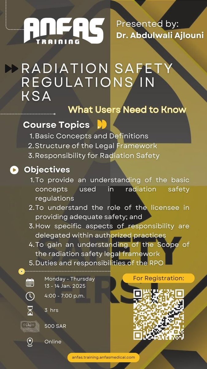 <a href="/GroupAnfas/">Anfas Group</a>
#online_radiation_training_courses  “Radiation Safety Regulations in Kingdom of Saudi Arabia” (What Users Need to Know) 13-14 January 2025 Registration fees: 500 SR For registration  forms.gle/R4Wwn7g8L4XNn8…