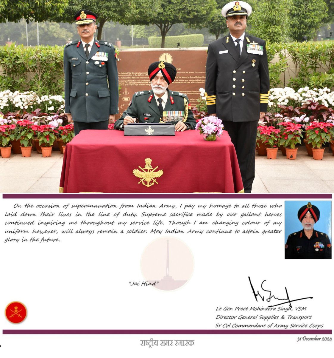 salute2soldier's tweet photo. Having rendered four decades of dedicated military service, Lt Gen Preet Mohindera Singh,VSM, DGST, Sr Col Comdt of Army Service Corps, laid wreath at #AmarJawanJyoti and paid homage to #Bravehearts of #IndianArmedForces at #NationalWarMemorial on his superannuation. https://t.co/9iruhfiGB2