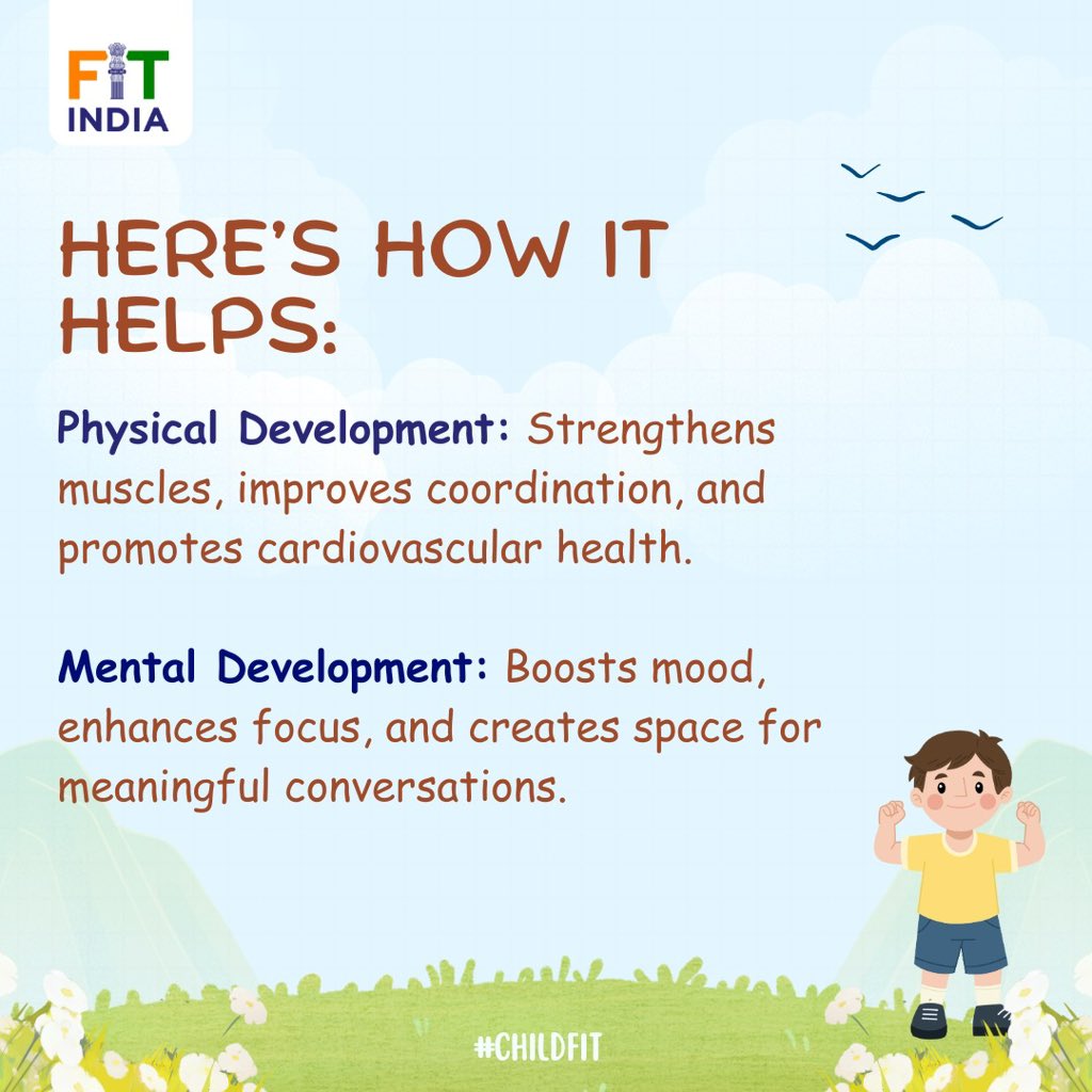FitIndiaOff's tweet photo. Every step counts when it comes to nurturing your child’s growth.🏃♂️ Take a walk, share a chat, and create memories while building stronger minds and bodies.💡
#ChildFIT #FITIndia #fit2024india #ActiveParenting #HealthyHabits https://t.co/TWOnkSytxG