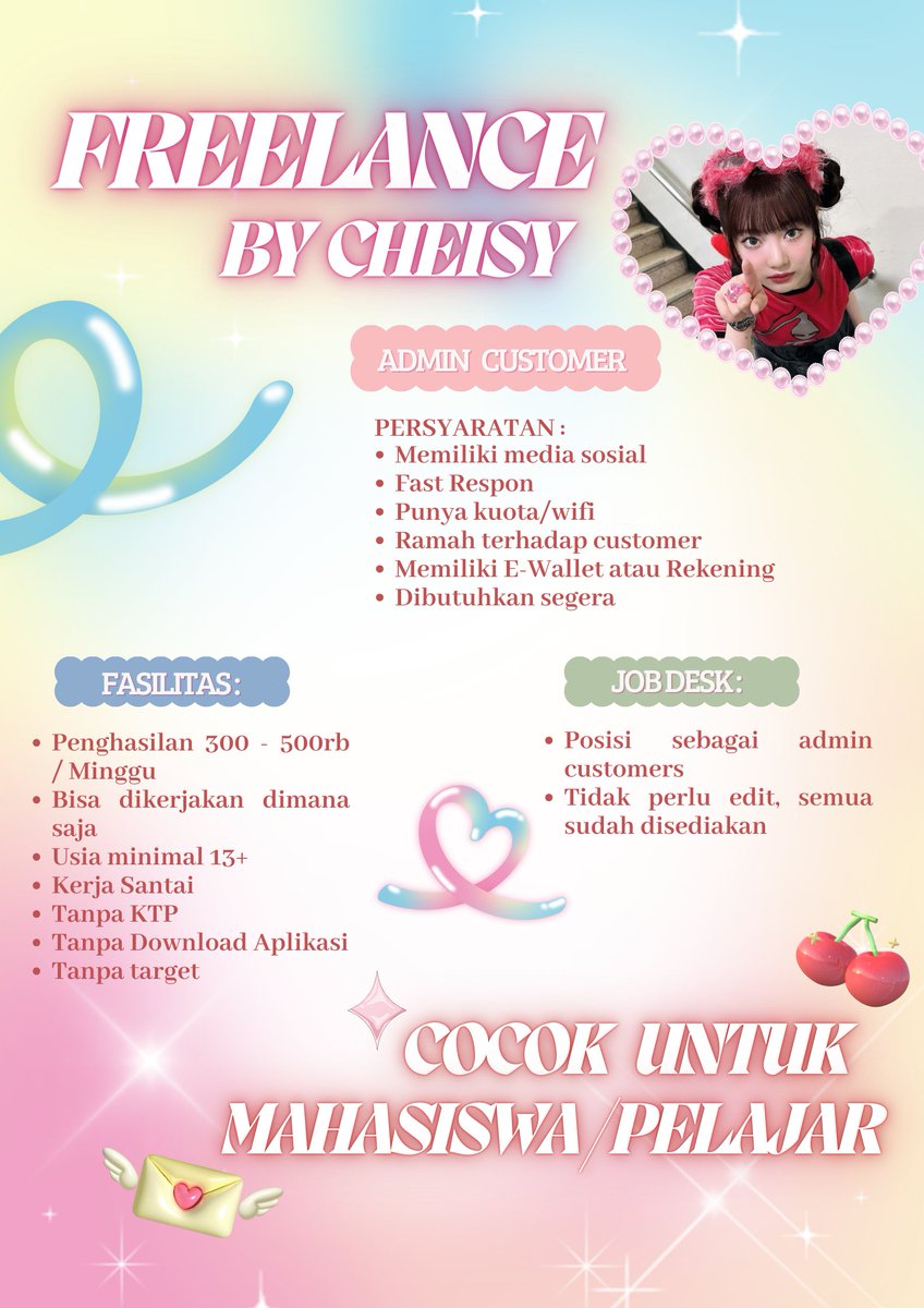 cheisystore's tweet photo. 🌷⋆୨୧˚⋆ FREELANCE 2024 ⋆˚୨୧
🗣️ : Apa sih kak freelance itu? 
Jadi gampangnya nih guys freelance itu kerja sampingan yang bisa jadi sumber penghasilan, terutama buat kalian para pelajar 😲🤗‼️
Penghasilannya mulai dari 300-500rb 😍🫰🏼
Yuk segera join‼️
#zonauang #zonajajanᅠ https://t.co/VpS1Cz3wWe