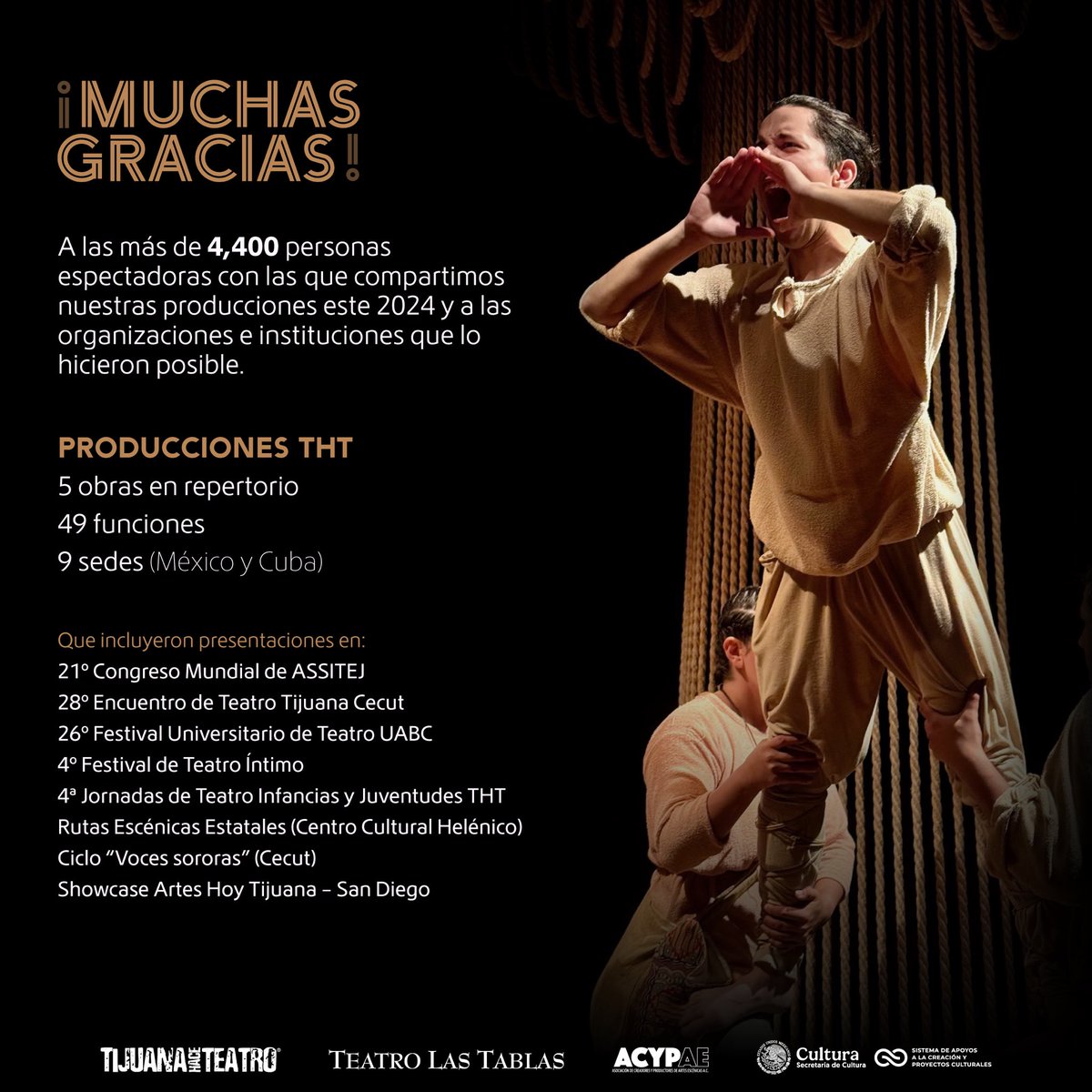 ¡Solo agradecimiento y cariño tenemos para toda nuestra comunidad espectadora y teatros/organizaciones aliadas que nos permiten seguir compartiendo nuestro trabajo!

Nos vemos en 2025 para seguir encontrándonos en todos los teatros posibles 💕

#TijuanaHaceTeatro