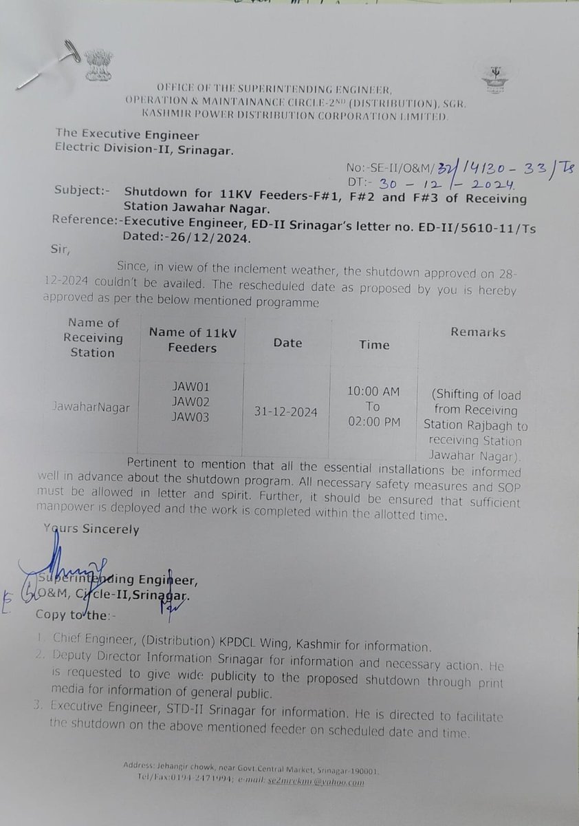 SdoRajbagh's tweet photo. Shutdown of 11kv feeders emanating from Jawahar Nagar STn will be availed for HT conductor replacement. Jawahar Nagar, Mehjoor nagar areas shall remain affected. Inconvenience caused is regretted.
@EDIIndRajbagh 
@GreaterKashmir 
#jawaharnagar https://t.co/ehSYlEtH56
