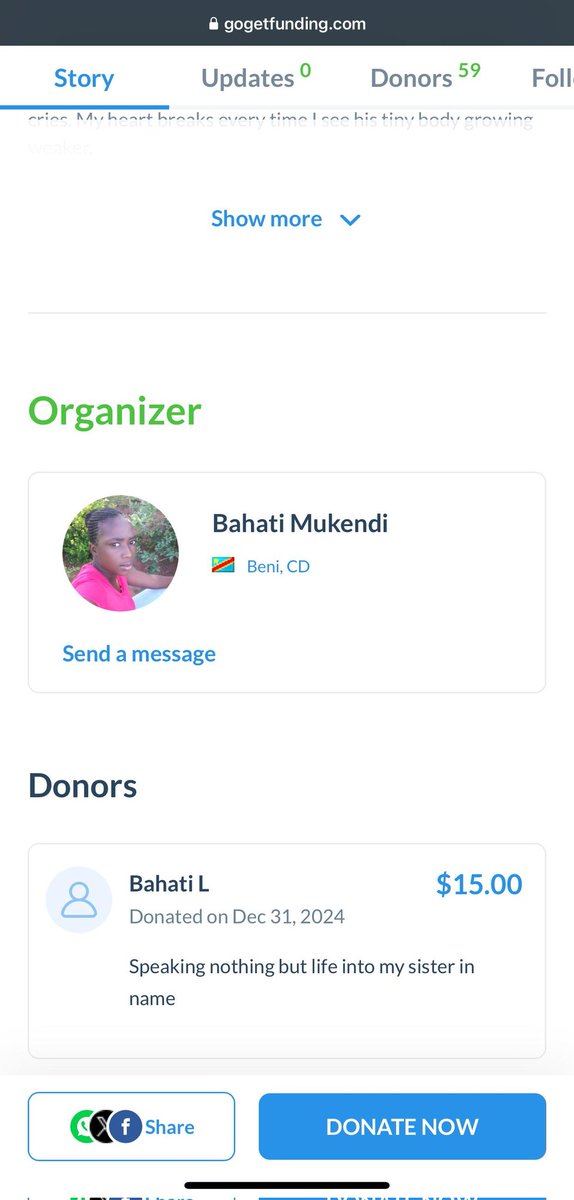 NinaCaresDaily's tweet photo. A generous donor gave $15 with a heartfelt message of support for Bahati. Can you match their kindness? Letโs show how powerful our community can be when we come together. #MatchChallenge
https://t.co/bribW4xw0C https://t.co/rHDqNFHdq1