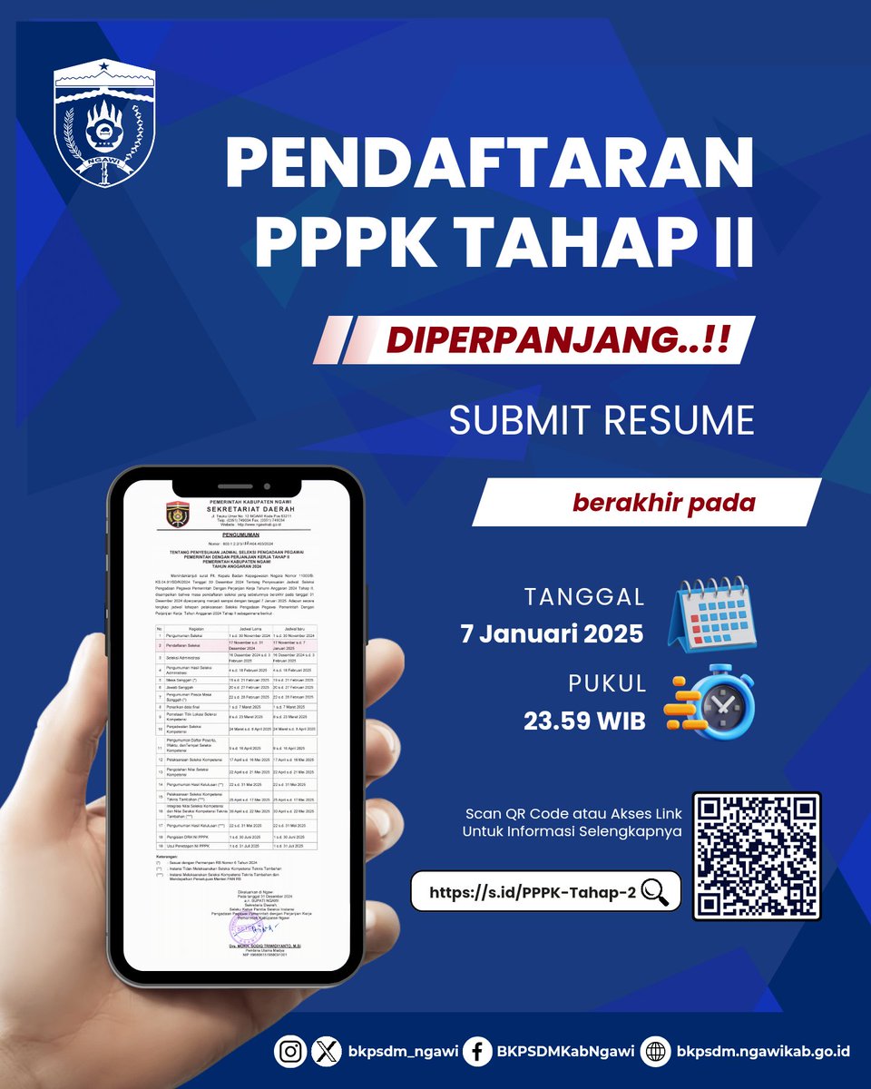 Sobatku..
Selain libur panjang, pendaftaran PPPK Tahap 2 jg resmi diperpanjang 🥳😍

Submit resmi pendaftaran PPPK Tahap 2 s.d. tanggal 7 Januari 2025 pukul 23.59 WIB

Gaasss ke website BKPSDM ngawi aja untuk info selengkapnya
s.id/PPPK-Tahap-2

Tengkyu 🤗

<a href="/ngawikab_/">Pemerintah Kabupaten Ngawi</a>