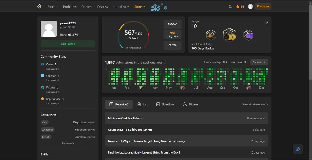 dev_pranil1's tweet image. 2024 New Year Resolution: ✅
Exactly 1 year ago took a new year resolution to consistently solve DSA question on LeetCode and
I completed my goal🚀
500+ problems crushed 💻🔢 and ready for more challenges ahead! 💪
#LeetCode #CodingJourney @LeetCode