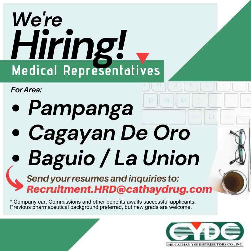 CathayYSS's tweet photo. @CathayYSS is currently looking for MEDICAL REPRESENTATIVES 

Interested applicants may kindly email their resume to >> 
 Recruitment.HRD@CathayDrug.com

Vacancy Area:
 PAMPANGA
 CAGAYAN DE ORO
 BAGUIO / LA UNION

#CathayYSS #JobsPH #JobOpenings  #MedReps #MedicalRepresentatives https://t.co/xi6qeUeD7H