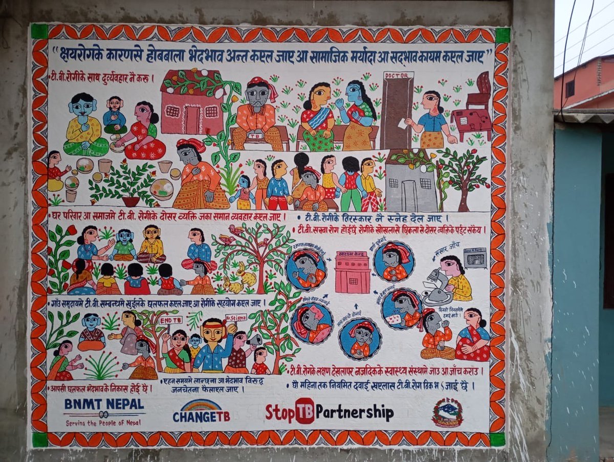 BiratNepal's tweet photo. From walls to voices:  Murals in Dhanusha district at PPHL, Madhesh Province, shine a light on early TB diagnosis, timely treatment, and the power of open conversations. Each artwork tells a story of hope, breaking stigma, and spreading awareness about TB. #CHANGETB @StopTB https://t.co/ip2FrRE00X