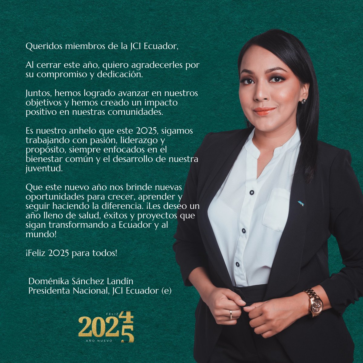 🎆✨ ¡Feliz Año Nuevo  JCI Ecuador! ✨🎆

Que el 2025 nos inspire a seguir siendo agentes de cambio, a seguir comprometidos con nuestra misión de impacto positivo y a fortalecer los lazos que nos unen como familia JCI.

¡Vamos con todo este 2025! 💫

#FelizAñoNuevo #JCIEcuador