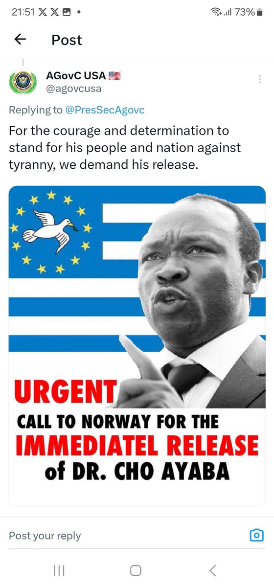 PresSecAgovc's tweet photo. Norway at a Crossroads: Will Justice Prevail on January 14th?

Dr. Cho Ayaba, a resolute patriot and leader, continues to embody the indomitable spirit of Ambazonia’s fight for freedom. His tireless efforts to expose the atrocities committed by Cameroon’s regime against the people of Southern Cameroons have made him a target of systemic persecution. Yet, despite the threats and hardships, Dr. Ayaba remains steadfast in his quest for justice and the liberation of his homeland.

Since his arrest, the silence from the international community has been deafening. Meanwhile, Cameroon has intensified its campaign of terror, embarking on a killing spree that spares neither the young nor the old. The prolonged detention of Dr. Ayaba only emboldens Cameroon’s tyranny, serving as a reminder of the cost of indifference. Despite these injustices, Dr. Ayaba’s resolve remains unshaken—a testament to over 32 years of unwavering patriotism that began during his university days. His commitment to freedom and human rights has always been evident, from his activism as a student to his leadership in the struggle for Ambazonia.

His detention in Norway marks a travesty of justice, raising uncomfortable questions about the motivation behind such actions. The reports from international human rights organizations documenting Cameroon’s systematic violations—killings, torture, and displacement—should compel action, not hesitation. And yet, here we are, witnessing the detention of a man whose only crime is advocating for his people’s right to self-determination.

The journey of Dr. Ayaba’s detention is a reflection of the global imbalance in the fight for human rights. Arrested and detained without clear justification, his case symbolizes the plight of many Ambazonians who have suffered under Cameroon’s oppressive regime. It is a stark reminder that the world’s inaction enables such abuses to continue unchecked.

Norway, a nation that prides itself on championing human rights, now finds itself at a crossroads. The world is watching and waiting to see what will unfold on January 14th, the end of Dr. Ayaba’s eight-week extended detention. Will Norway uphold its principles and release him, or will it succumb to pressures that betray its commitments to justice and the rule of law?

To activists who still believe in justice: now is the time to speak out. Call upon Norway to release Dr. Cho Ayaba and to affirm its stance on human rights and dignity. Let us ensure that the ideals of freedom and justice prevail, for Ambazonia and for all oppressed peoples.

Join us in demanding his release. Stand against the tyranny that seeks to silence voices for freedom. Stand for justice. Stand for Dr. Ayaba.

#FreeDrAyaba #SelfDeterminationaIsARight 
#FreeDrChoAyaba  
#FreedomForAmbazonia. 
#FREEDRCHOAYABA 
#SelfDeterminationaIsARight 
 @anetteberger2 
@vgnett 
@Kripos_NCIS
@NRKno
@MortenEngesbak
@AUC_PAPS  @DepSecDef
@AsstSecStateAF @SenateForeign 
@FRauCameroun   @USEmbYaounde @UKinCameroon @Sebastien_Nadot @SecBlinken @SenateForeign @AfricanUnionUN @Julius_S_Malema   @UN @UnCameroon @CanadaCameroon @CanadaFP @ProfPLOLumumba @NFdep @antonioguterres @StateDept @DepSecStateMR @amnesty @hrw @ICRC_Africa @ICRCPresident  @DOD_DEPSECDEF @DeputySecState @USAmbUN  @melaniejoly  @joDionNgute @PR_Paul_BIYA @volker_turk @norwaygov_rx @NRC_Norway @EspenBarthEide @NorwayMFA  @UNHumanRights @_AfricanUnion @jonasgahrstore @simon_ekpa @UKParliament @supremecourt_no @mats56455 @EksfinN @Stortinget