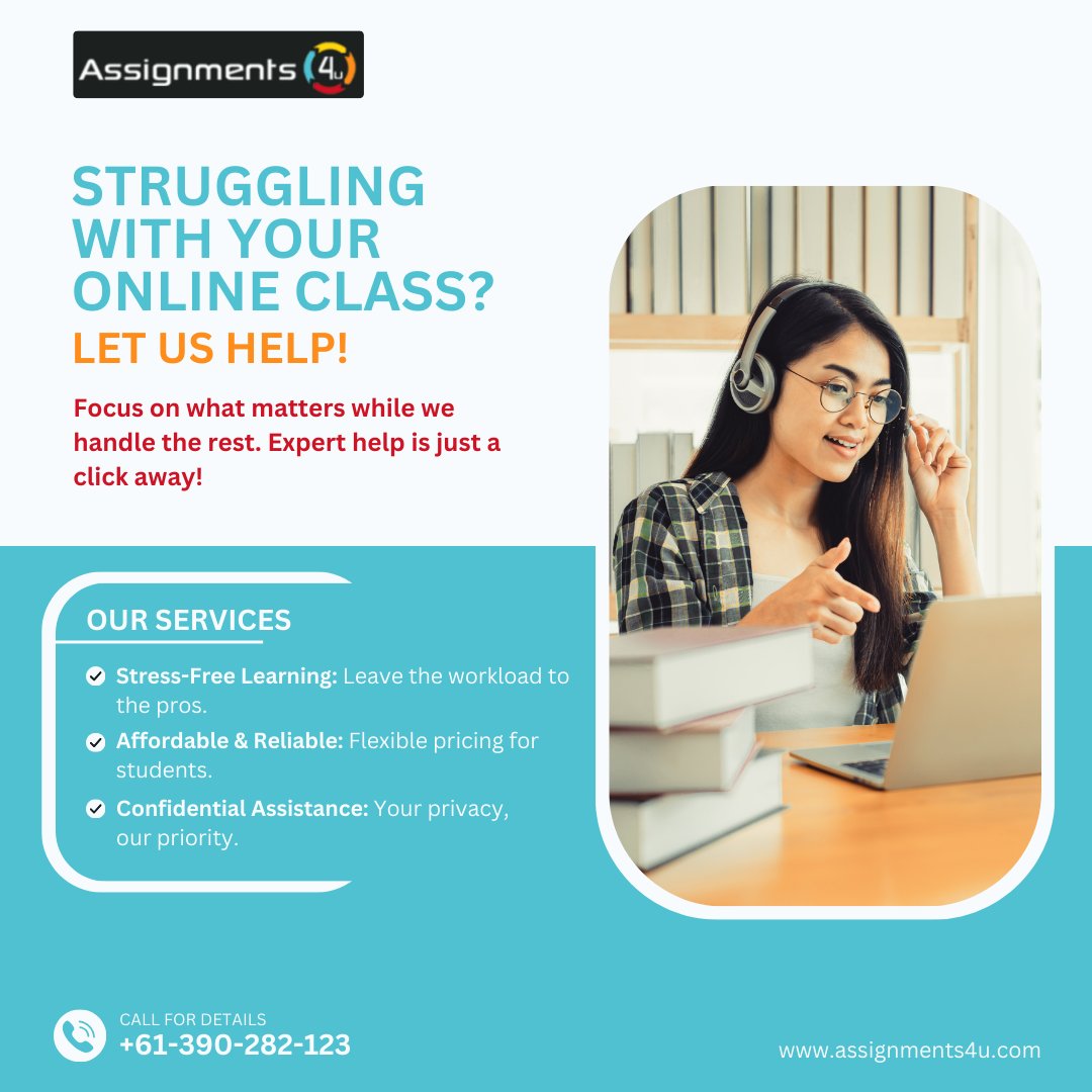 Assignmentsa4u's tweet image. 💡 More time, less stress, and better grades! Let Assignments4U be your secret to online class success.
🌟 Ready to level up?
Visit: shorturl.at/jhpMh
#OnlineEducation #Assignments4U