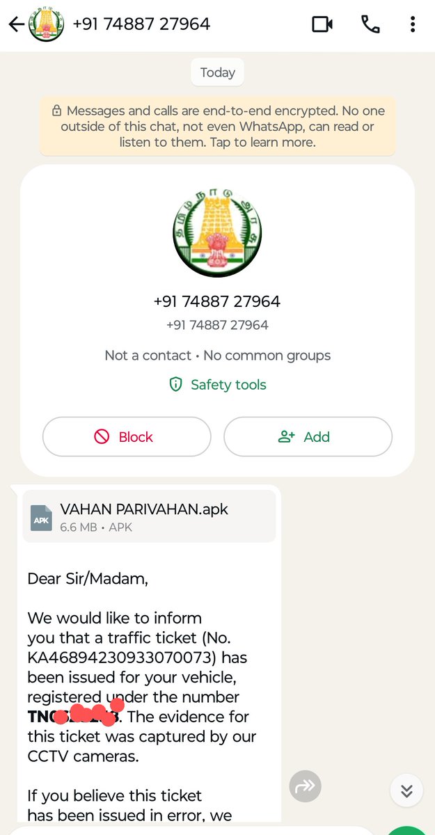 Received this on WA today. Realised I have not driven to KA in ages. So ticket number must be wrong. Checked MParivahan. No chalan booked in more than 2 yrs. Called the number. A hushed Hindi voice answered and refused to identify. 
Scam that uses TN Logo ? <a href="/ChennaiTraffic/">Greater Chennai Traffic Police</a>