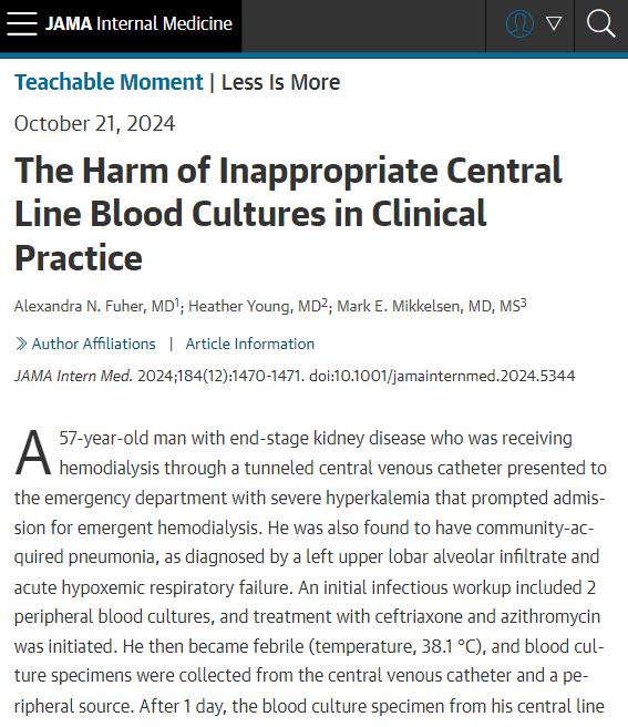 JAMA Internal Medicine (@jamainternalmed) on Twitter photo This Teachable Moment highlights the potential harm of inappropriate central line blood cultures in clinical practice. <a href="/CUBoulder/">CU Boulder 🦬</a> #TeachableMoment #CentralLine #CRBSI ja.ma/4fXorci This Teachable Moment highlights the potential harm of inappropriate central line blood cultures in clinical practice. <a href="/CUBoulder/">CU Boulder 🦬</a> #TeachableMoment #CentralLine #CRBSI ja.ma/4fXorci