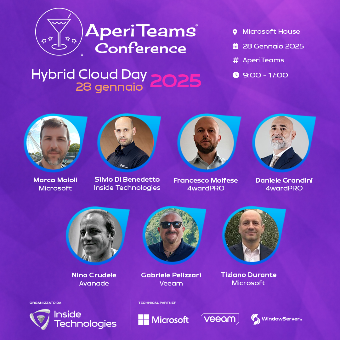💥📢 #AperiTeams Conference Hybrid Cloud Day 2025

📆 28 gennaio 2025
🗣️ 7 speaker
🟢 7 sessioni
📍 Microsoft House
🎥 Live Streaming
🎟️ Iscrizioni: aperiteams.it

#InsideTechnologies <a href="/microsoftitalia/">Microsoft Italia</a> @veeam <a href="/DanieleGrandini/">Daniele Grandini 🇮🇹</a> <a href="/FrancescoMolf/">Francesco Molfese</a> <a href="/s_net/">Silvio Di Benedetto</a>  <a href="/ninocrudele/">Nino Crudele</a> <a href="/thegable/">Gabriele Pelizzari</a>