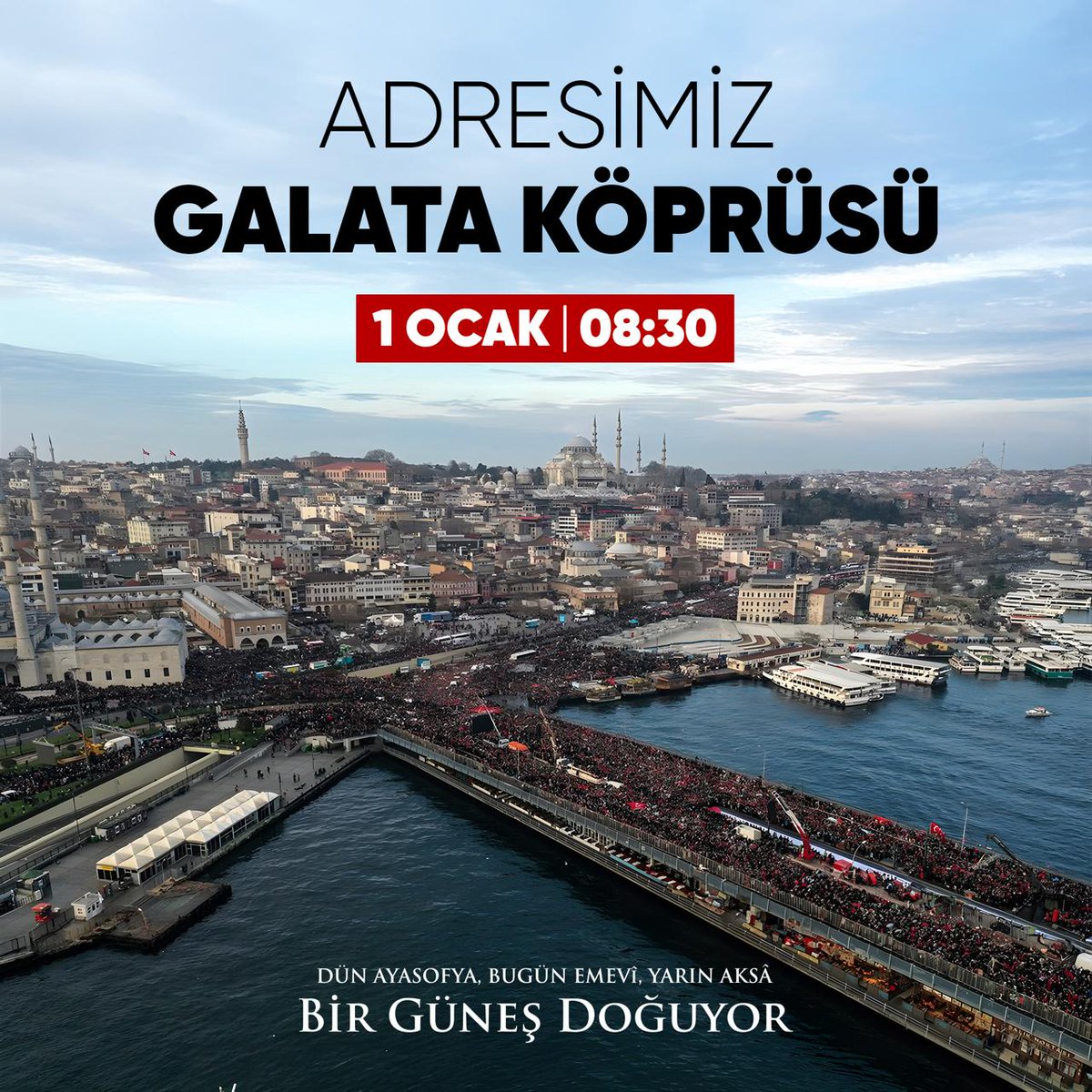 Bir köprü, mazlumların umudu olur mu?
Galata’ya gel, bunu hep birlikte gösterelim.
Direnişin meşalesi burada yanacak.
Adresimiz Galata Köprüsü
🗓️ Tarih: 1 Ocak 2025
🕒 Saat: 08.30
📍 Yer: Galata Köprüsü