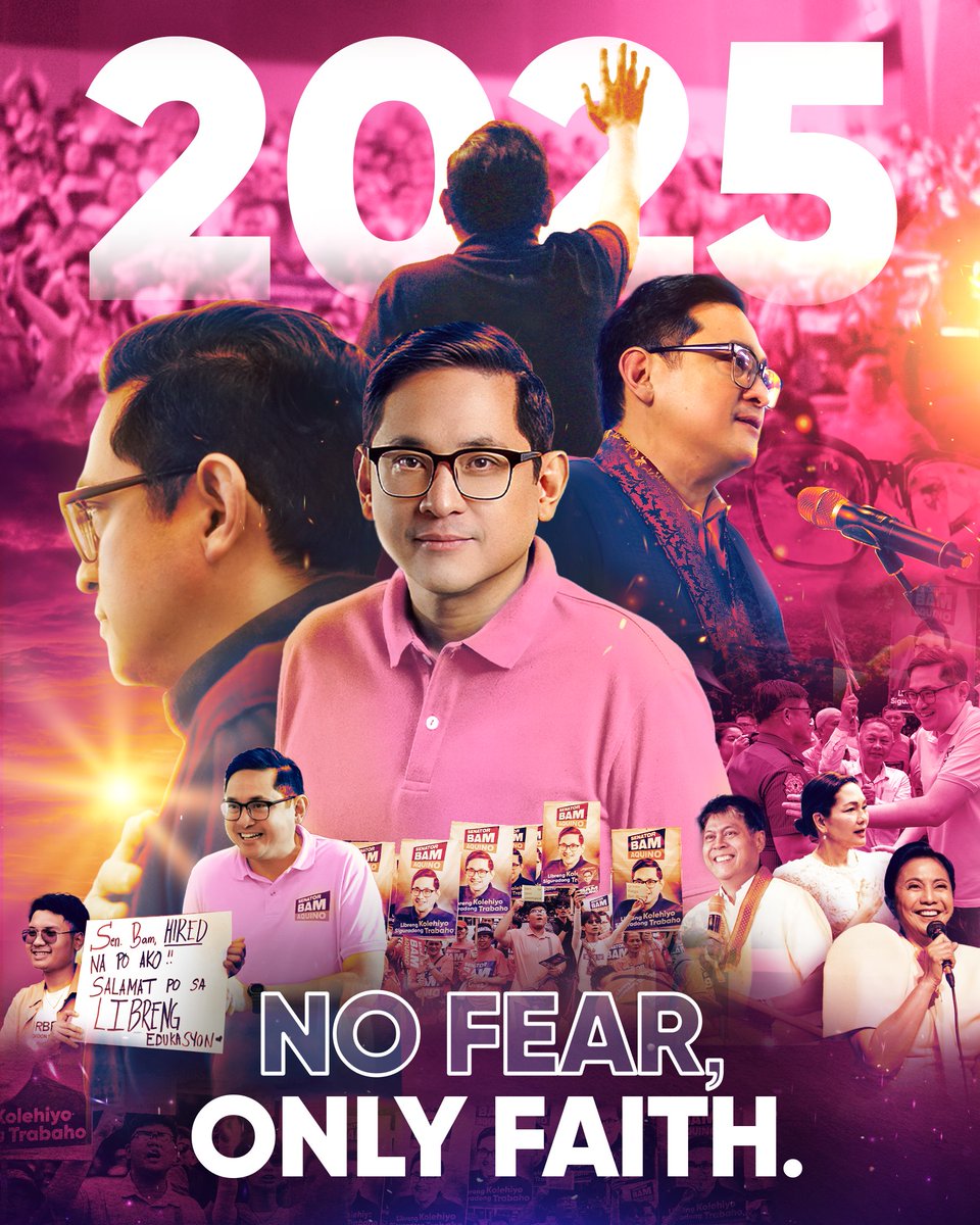 bamaquino's tweet photo. NO FEAR, ONLY FAITH.

Ngayong 2025, buong tapang, paniniwala, at pananampalataya nating haharapin ang isang malaking hamon para sa bayan.

May pagkakataon tayong baguhin ang direksyon ng ating bayan. May pagkakataon tayong baguhin ang direksyon ng ating mga buhay. Sama-sama tayo sa pagbabago at tagumpay!

Happy 2025 sa ating lahat!
