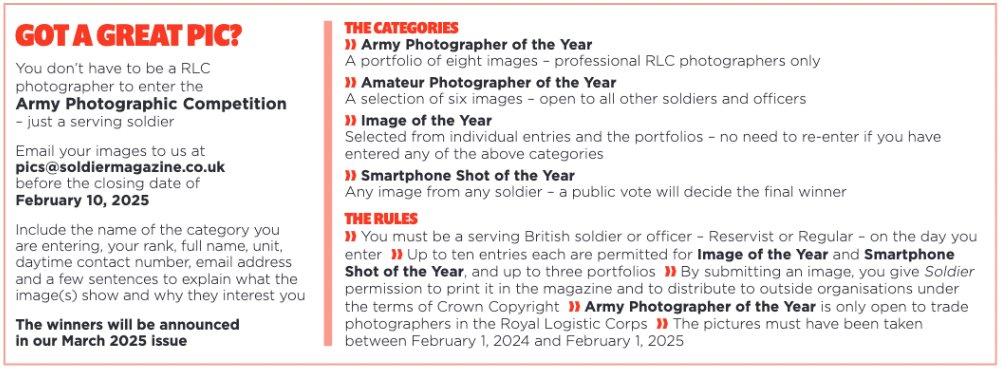 Whether you’re a photographer by trade, a keen amateur or simply own a smartphone, as long as you’re serving you can enter the Army Photographic Competition. Entries close on February 10 – see full details below.