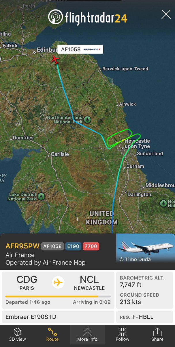 #AF1058 from Paris to Newcastle appears to be diverting to Edinburgh after squawking 7700.
fr24.com/AFR95PW/388b6c…