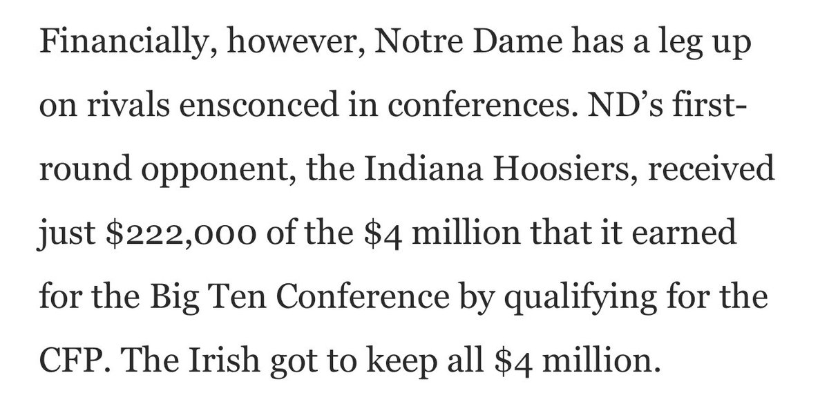 FanaticsNd's tweet photo. By being Independent vs B1G Conference Member, Notre Dame earned $3.7M more than Indiana for making the CFB Playoff. https://t.co/HraDbHak8e
