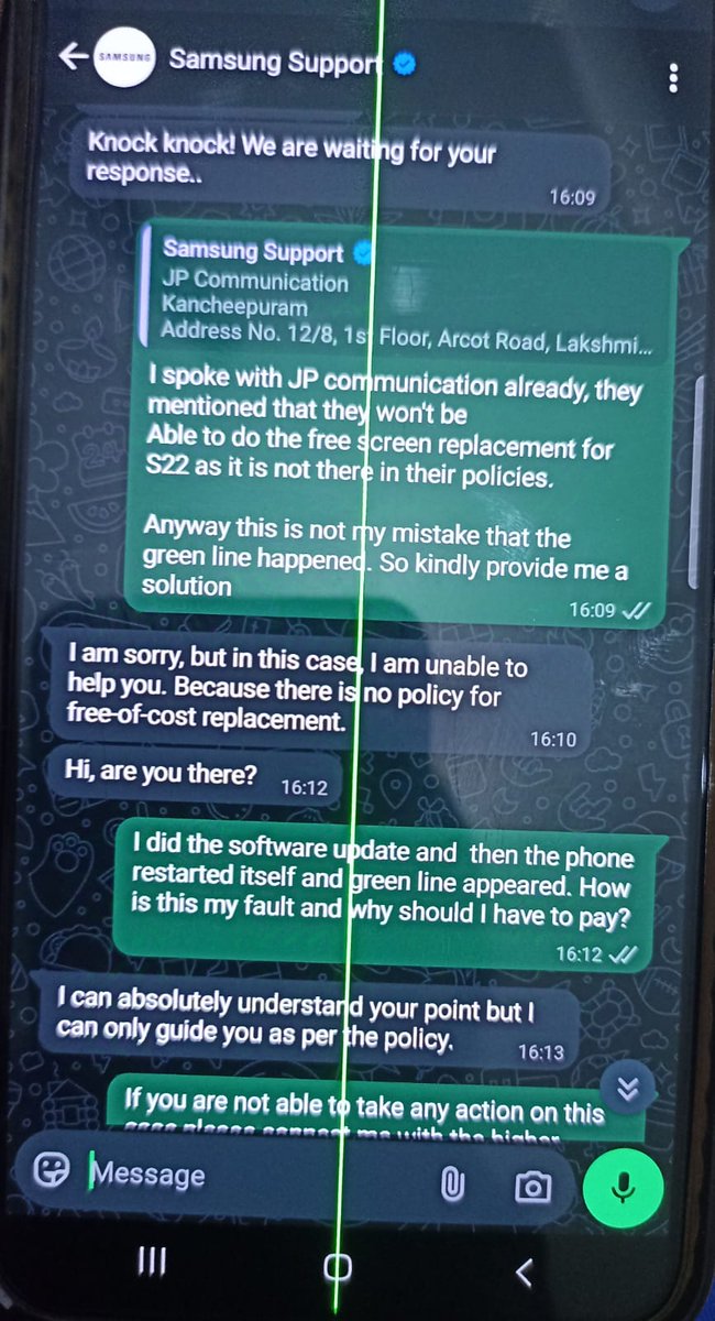 kaviyahere's tweet photo. Hello @SamsungIndia @SamsungMobile This is samsung galaxy S22 purchased in January 2023 in India through @amazonIN. After the software update, phone shows green line. I took this to samsung support and looks like they can't provide a solution. @jagograhakjago  #greenline #Samsung https://t.co/3AbVP6ut6t