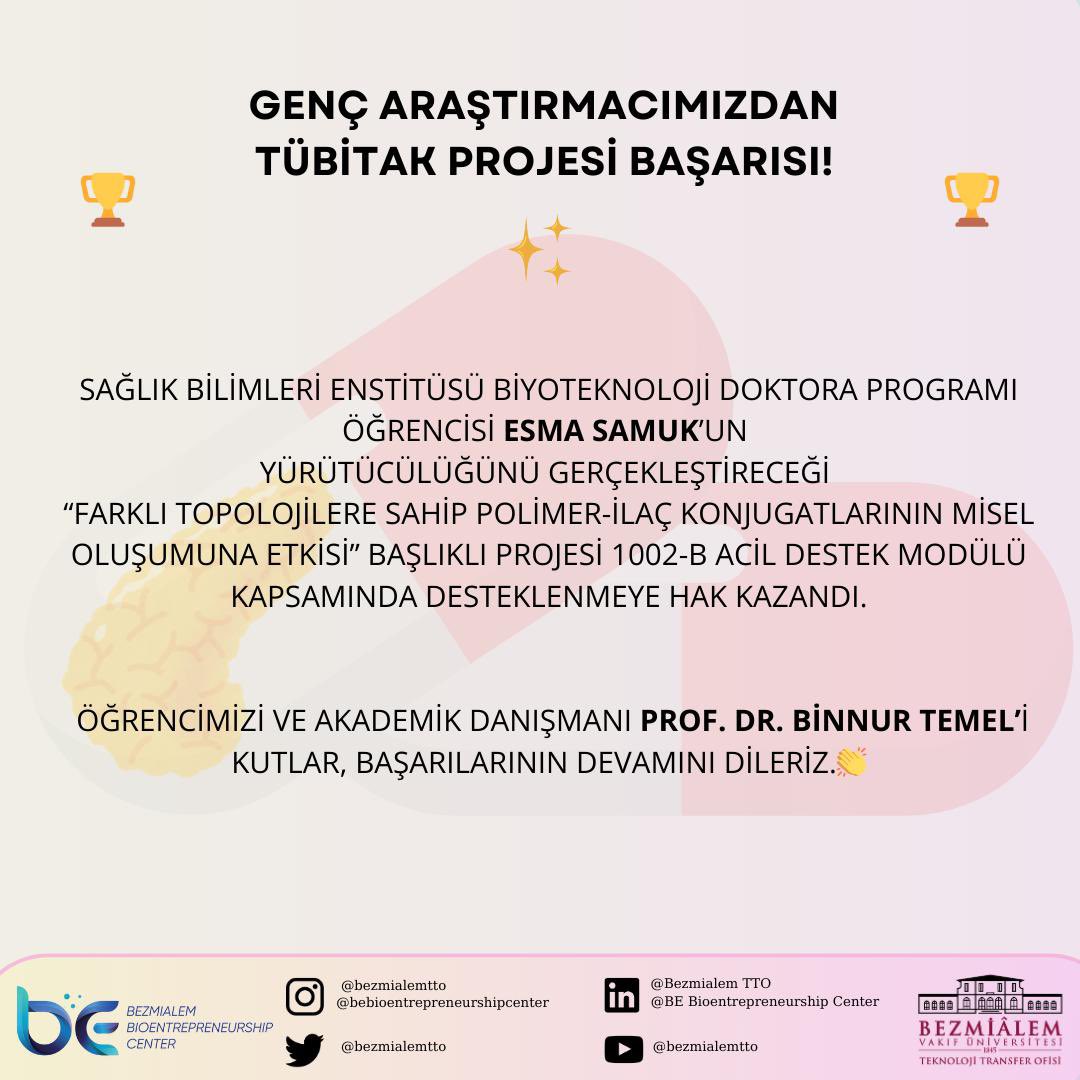 TÜBİTAK Projesi Başarısı  🏆🎉

Sağlık Bilimleri Enstitüsü Biyoteknoloji doktora programı öğrencisi Esma Samuk’un başvurduğu TÜBİTAK 1002-B Projesi desteklenmeye hak kazandı! 

Öğrencimizi ve akademik tez danışmanı Prof. Dr. Binnur Temel’i kutlar başarılarının devamını dileriz.