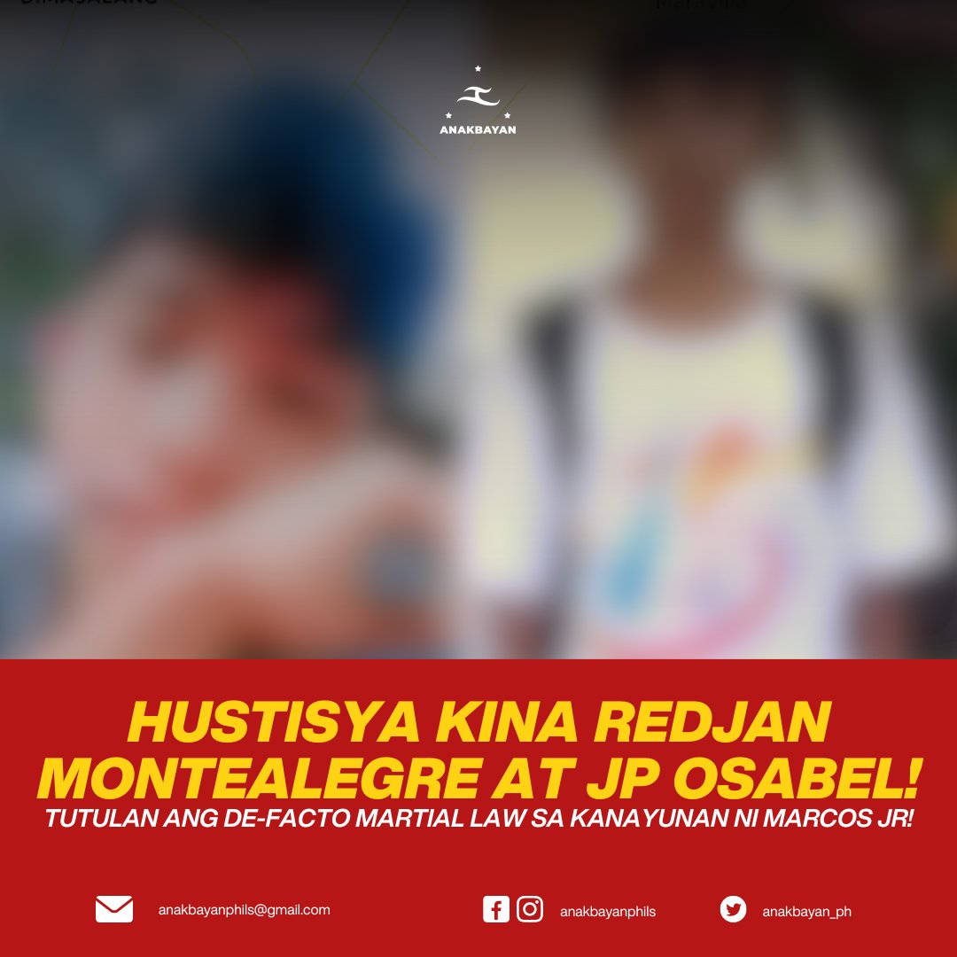 Nakikidalamhati ang Anakbayan sa pamilya nina Redjan Montealegre (18 taong gulang) at JP Osabel (14 taong gulang), dalawang binatilyo na walang awang pinaslang ng mga elemento ng Armed Forces of the Philippines (AFP) sa Masbate nitong Disyembre 27. (1/4)

#StopTheKillingsPH