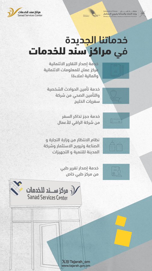 خدماتنا الجديدة في مراكز سند للخدمات خدمة إصدار التقارير الائتمانية مركز عمان للمعلومات الائتمانية والمالية (ملاءة) خدمة تأمين الحوادث الشخصية والتأمين الصحي من شركة سفريات الخليج خدمة حجز تذاكر السفر من شركة الراقي للأعمال نظام الانتظار من وزارة التجارة و الصناعة وترويج الاستثمار وشركة المدينة للتنمية و التجهيزات خدمة إصدار تقرير طبي من مركز طبي خاص . مركز سند
