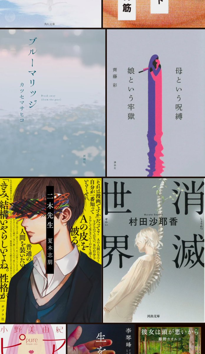#2024年の本ベスト約10冊
彼女は頭が悪いから/姫野カオルコ
生を祝う/李琴峰
ピュア/小野美由紀
消滅世界/村田沙耶香
二木先生/夏木志朋
母という呪縛 娘という牢獄/齊藤彩
インシテミル/米澤穂信
ブルーマリッジ/カツセ マサヒコ
口に関するアンケート/背筋
スタープレイヤー/恒川 光太郎