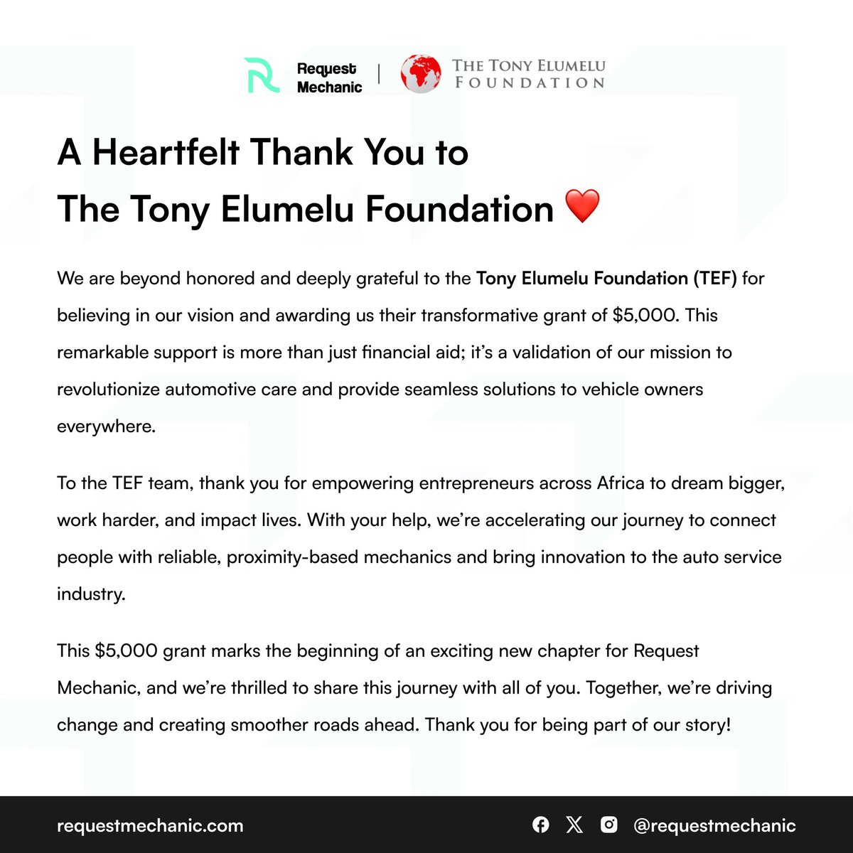 requestmechanic's tweet image. We are beyond grateful to the Tony Elumelu Foundation for believing in our vision and supporting Request Mechanic with this incredible grant of $5000! 🙏 ❤️