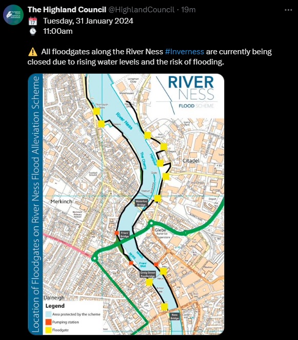 Michael Cranston (@michaelcranston) on Twitter photo Lots of impacts today across the AMBER risk area. Great partnership working preparing for floods <a href="/SEPAFlood/">SEPAFlood</a> <a href="/metofficeScot/">Met Office - Scotland</a> <a href="/NetworkRailSCOT/">Network Rail Scotland</a> <a href="/trafficscotland/">Traffic Scotland</a>
🚧Flood gates closed in Inverness <a href="/HighlandCouncil/">The Highland Council</a>
⚠️ Rail restrictions in place
📲 Over 17k notified by SMS warnings Lots of impacts today across the AMBER risk area. Great partnership working preparing for floods <a href="/SEPAFlood/">SEPAFlood</a> <a href="/metofficeScot/">Met Office - Scotland</a> <a href="/NetworkRailSCOT/">Network Rail Scotland</a> <a href="/trafficscotland/">Traffic Scotland</a>
🚧Flood gates closed in Inverness <a href="/HighlandCouncil/">The Highland Council</a>
⚠️ Rail restrictions in place
📲 Over 17k notified by SMS warnings