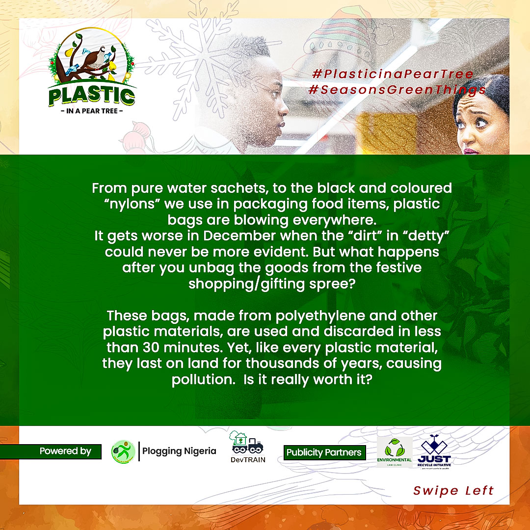 ploggingnigeria's tweet photo. DAY 1οΈβ£0οΈβ£/1οΈβ£4οΈβ£
NINE BAGS A-BLOWING
A detty December or a dirty December?
The festive seasons come with two things: Gifts to be unwrapped or pollution waiting to be un-bagged.
#PlasticInaPearTree
#SeasonsGreenThings
#12DaysofChristmas
#PloggingNigeria https://t.co/2KTXo8Deyv