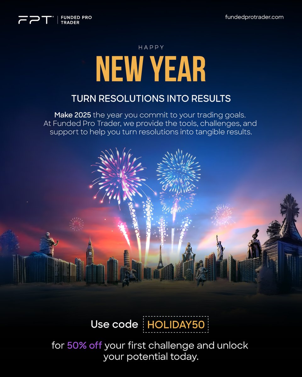 FundedProTrader's tweet photo. Turn Resolutions into Results
Make 2025 the year you commit to your trading goals. At Funded Pro Trader, we provide the tools, challenges, and support to help you turn resolutions into tangible results.

🎊 Use code HOLIDAY50 for 50% off your first challenge and unlock your potential today.
🌟 Join now: https://t.co/dGQYCcVreC

#TradingResolutions #NewYearDeals #FundedProTrader #TradingSuccess