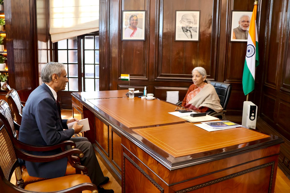 Shri T. P. Singh, Director General - Bhaskaracharya National Institute for Space Applications and Geo-informatics (BISAG-N), calls on Smt <a href="/nsitharaman/">Nirmala Sitharaman</a>.