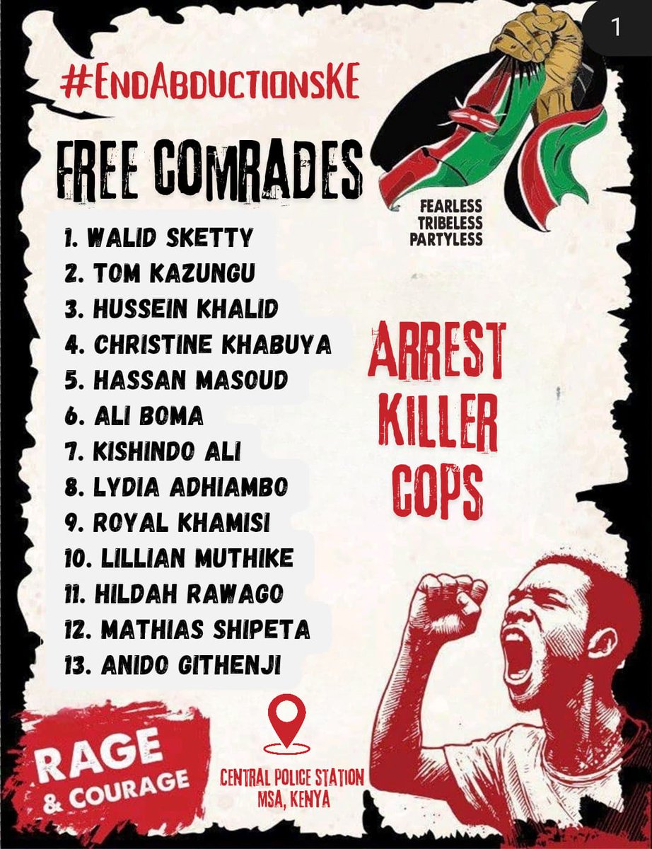 Our 13 Comrades, who were arrested yesterday in Mombasa during #EndAbductionsKE protests, has been presented at Mombasa Law Courts after spending a night at Central Police cell,  they are imposing charges for illegal assembly
#ReleaseMombasaShujaaz 
#SolidarityIsOurStreghth