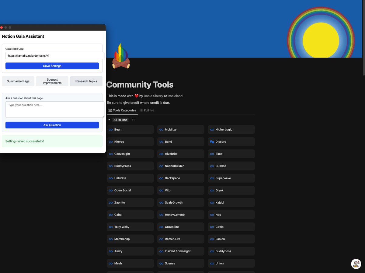 Bring your own custom AI right into your <a href="/NotionHQ/">Notion</a>  workspace! Here's a Chrome extension that lets you chat with <a href="/Gaianet_AI/">Gaia 🌱</a>  nodes while working on your docs. Let me show you what it can do...