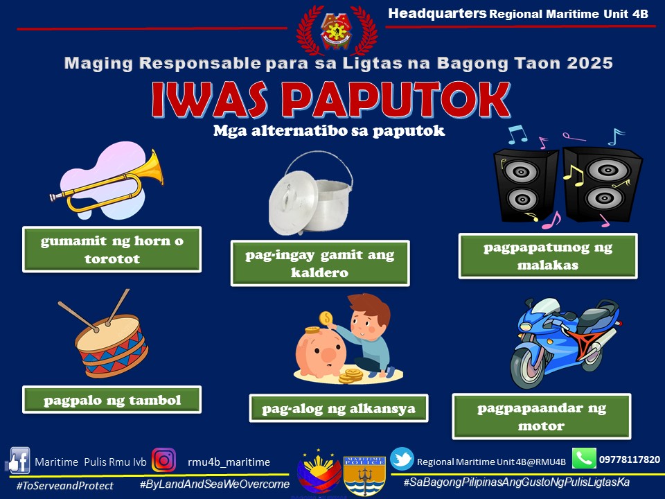 RMU4B's tweet photo. MAGING RESPONSABLE PARA SA LIGTAS NA BAGONG TAON 2025, narito ang ilang alternatibo sa paputok.

#BagongPilipinas
#ToServeAndProtect
#SaBagongPilipinasGustoNgPulisLigtasKa
#ByLandAndSeaWeOvercome https://t.co/k4RU3IKvy9