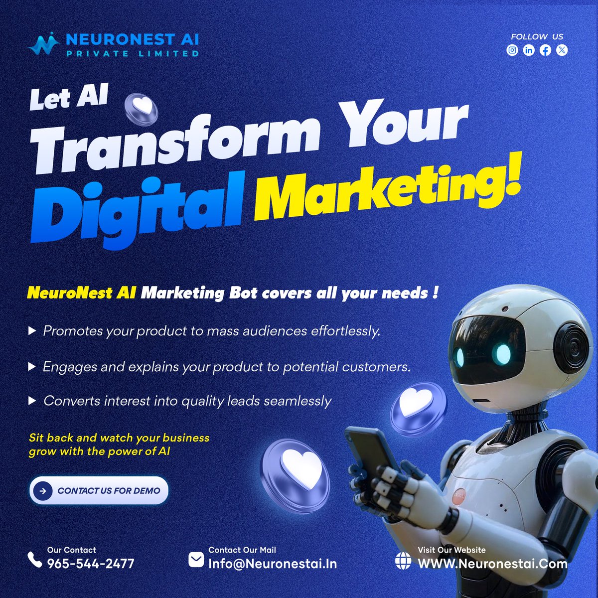 neuronestai's tweet photo. 🚀 Boost your business with NeuroNest AI Marketing Bot!
✅ Promote effortlessly
✅ Engage customers
✅ Convert leads
📩 Contact us now!
📞 965-544-2477 | 🌐 https://t.co/uSk3aji1lm
#AIMarketing #DigitalGrowth https://t.co/0LbTfJRRQh