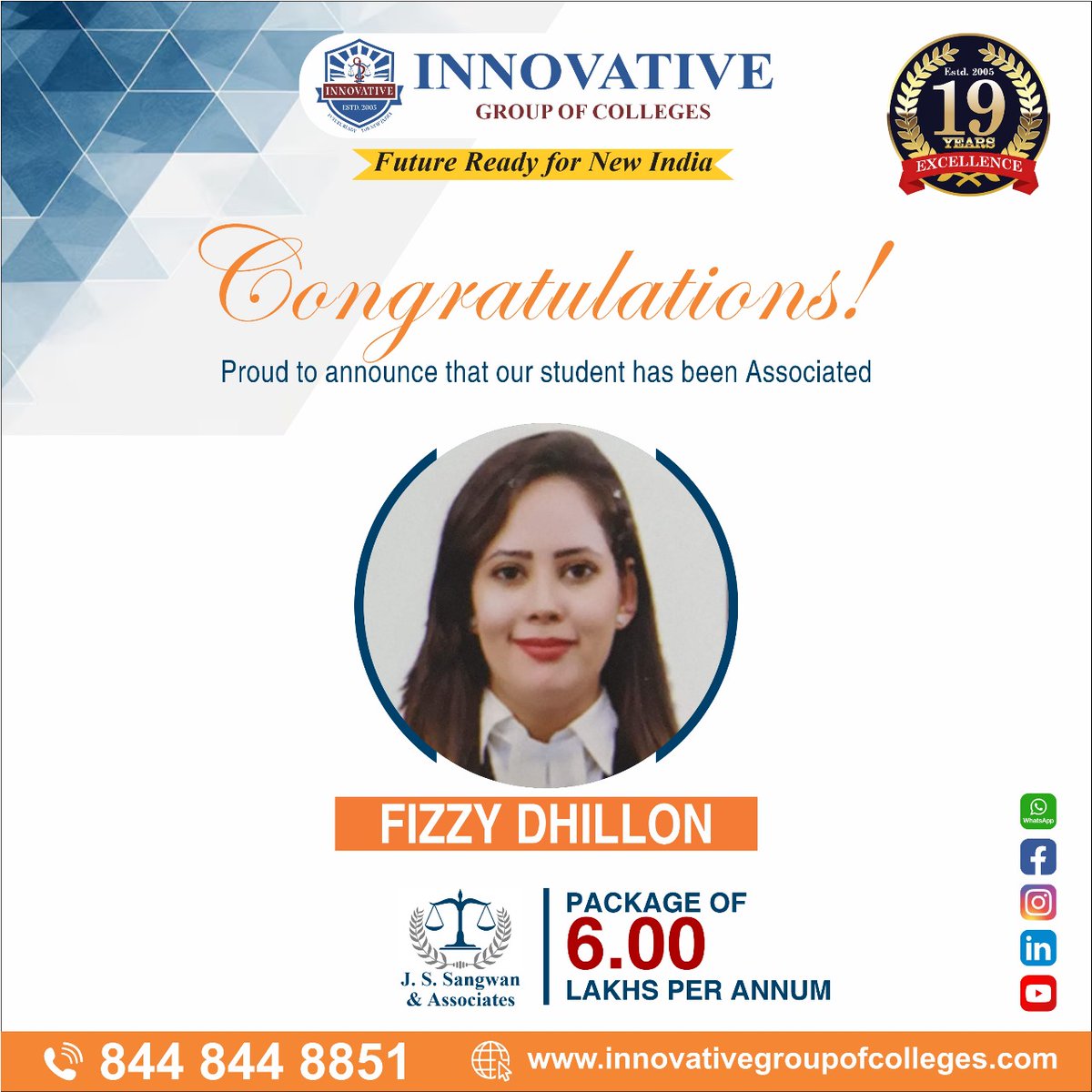innovativeinst5's tweet image. Heartiest Congratulations, Fizzy Dhillon!

We are thrilled to announce that our star student, Fizzy Dhillon, has achieved an incredible milestone and placed with a package of ₹6 LPA at J S Sangwan &amp;amp; Associates in Patiala House, Delhi.

innovativegroupofcolleges.com

#LlbCourse #BALLB