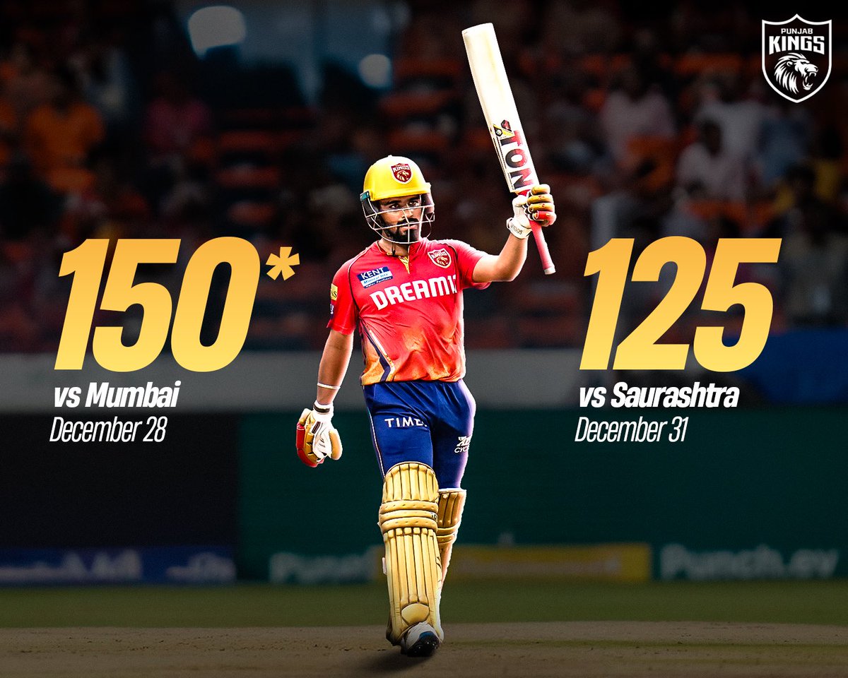 PunjabKingsIPL's tweet image. 𝐏𝐫𝐚𝐛𝐡 𝐝𝐢 𝐬𝐚𝐮! ♥️

2024 ends with a bang as our 🦁 smashes back-to-back #VHT hundreds! 💯💯

#PrabhsimranSingh #VijayHazareTrophy #PunjabKings