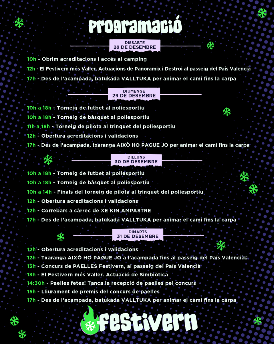 Robert Company (@companystas) on Twitter photo <a href="/Festivern_info/">Festivern</a> a Tavernes dela Valldigna
12h cap al passeig amb "Això ho pague jo"
1hV Les paelles amb l'actuació de Simbiòtica
5hV cap a l'acampada amb <a href="/valltuka/">Vall tu kà</a>
@LaFumigaBand <a href="/xavisarria/">Xavi Sarrià 🇵🇸</a> <a href="/LaMalifeta/">La Malifeta - Podcast</a> <a href="/tacho____/">Tacho</a> <a href="/flashyicecream/">flashyicecream_tweets</a>
Boom Boom Fignters&CookalP <a href="/latrocamba/">La Trocamba Matanusca</a> #DJtrapeLLA <a href="/Festivern_info/">Festivern</a> a Tavernes dela Valldigna
12h cap al passeig amb "Això ho pague jo"
1hV Les paelles amb l'actuació de Simbiòtica
5hV cap a l'acampada amb <a href="/valltuka/">Vall tu kà</a>
@LaFumigaBand <a href="/xavisarria/">Xavi Sarrià 🇵🇸</a> <a href="/LaMalifeta/">La Malifeta - Podcast</a> <a href="/tacho____/">Tacho</a> <a href="/flashyicecream/">flashyicecream_tweets</a>
Boom Boom Fignters&CookalP <a href="/latrocamba/">La Trocamba Matanusca</a> #DJtrapeLLA