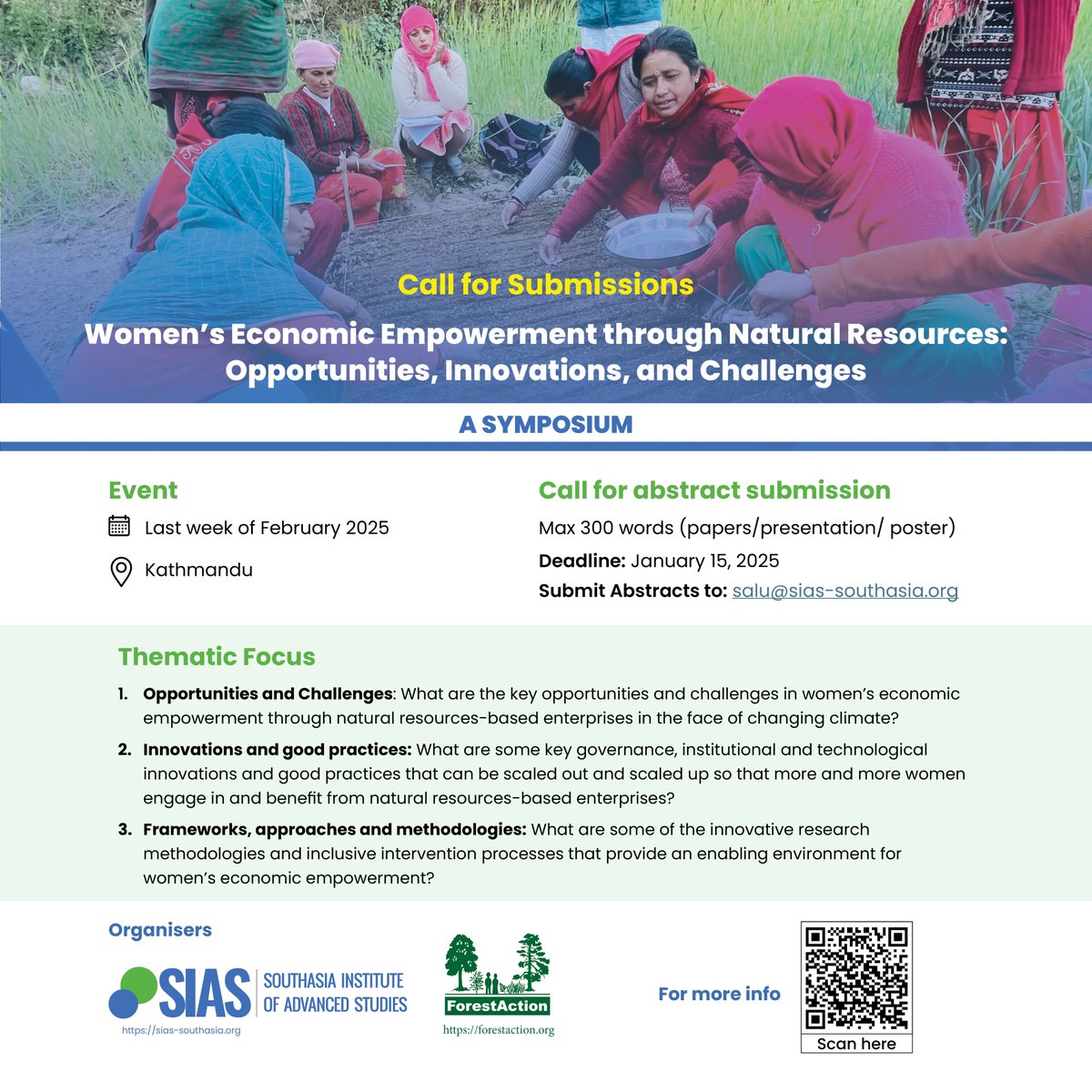 📢 Call for Submissions: Women’s Economic Empowerment through Natural Resources: Opportunities, Innovations, and Challenges 🌿

📅 Deadline for abstract submission (papers/presentation/poster): January 15th, 2025

For more details: tinyurl.com/Call-for-Submi…

#Symposium2025