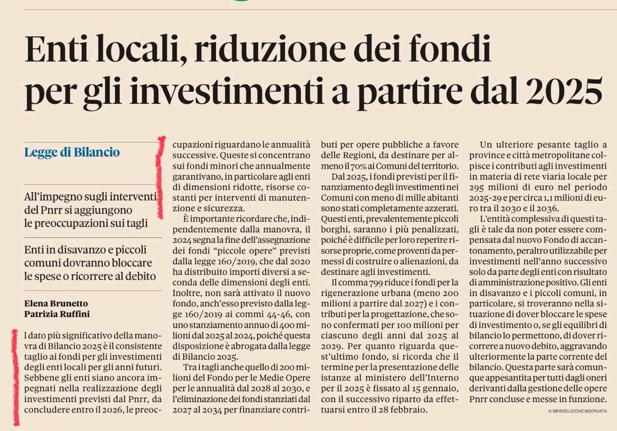 Anche per gli Enti locali vi sarà una riduzione dei fondi per gli investimenti a partire dal 2025.

Tale scelta sarà penalizzante in particolare per gli enti di dimensioni minori

Fonte: Il Sole 24 Ore 

<a href="/profgviesti/">Gianfranco Viesti</a> <a href="/enmorlicchio/">Enrica Morlicchio</a>