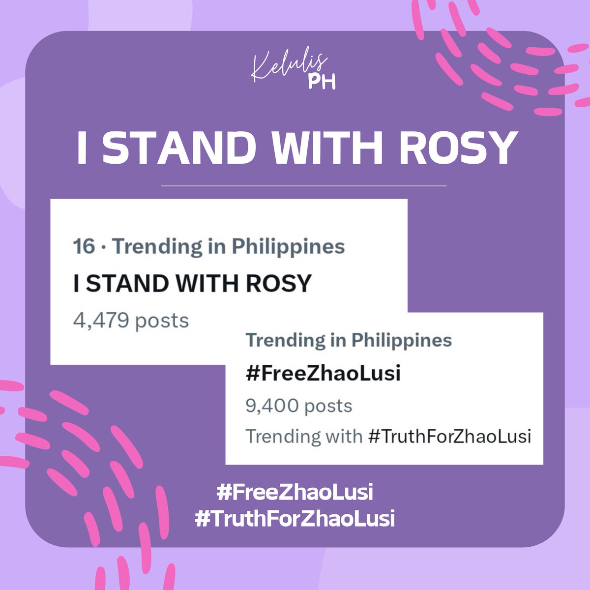 We are deeply saddened by the recent information about #ZhaoLusi facing verbal and physical abuse in 2019. We call for the full truth to come to light and stand together with her.

Let’s keep using the tagline/hashtag ⬇️ 

I STAND WITH ROSY 
#FreeZhaoLusi 
#TruthForZhaoLusi