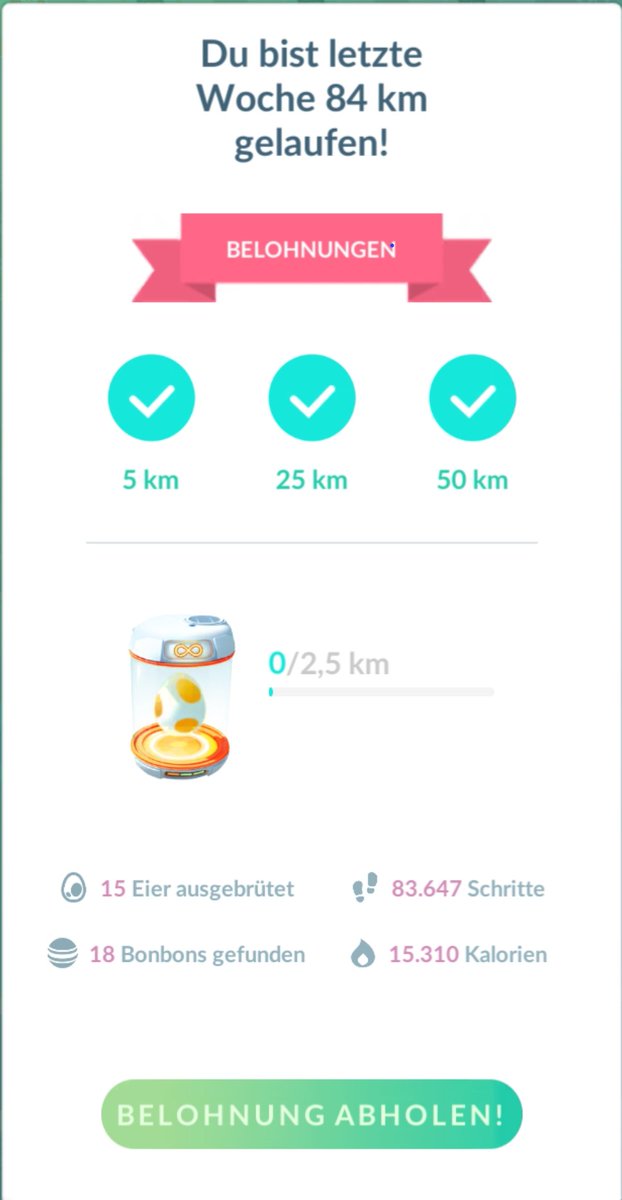abenteuer-sync-belohnungen - du bist letzte woche 84 km gelaufen!
15 eier ausgebrütet | 83.647 schritte | 18 bonbons gefunden | 15.310 kalorien

#pokemongo